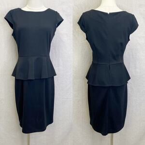 Chaps black ponte‎ knit cap short sleeve peplum pencil knee length dress size 10